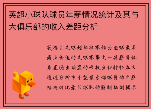 英超小球队球员年薪情况统计及其与大俱乐部的收入差距分析
